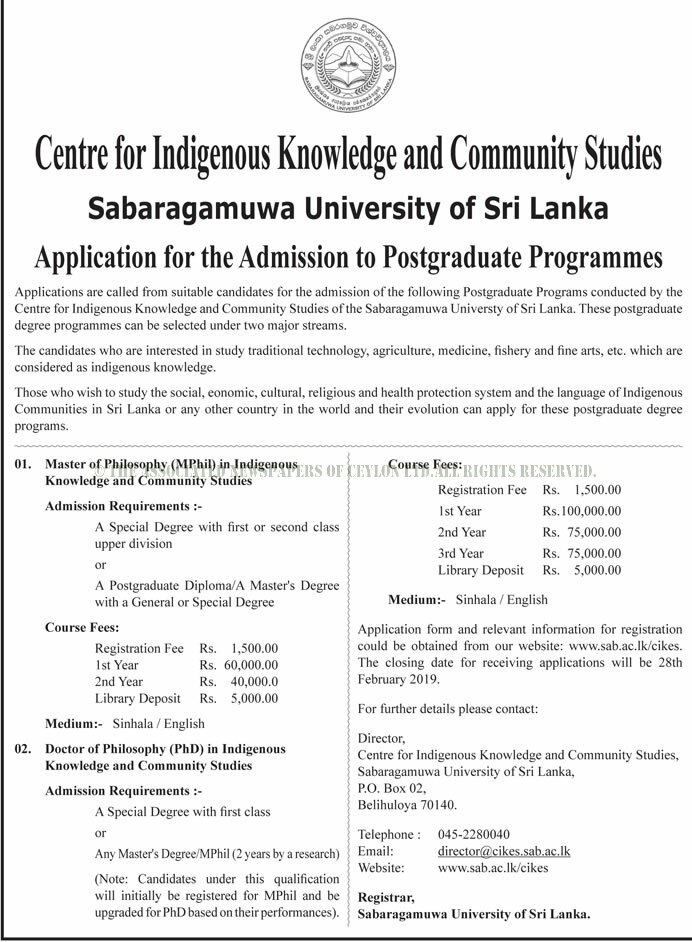 Master of Philosophy in Indigenous Knowledge & Community Studies, Doctor of Philosophy in Indigenous Knowledge & Community Studies - Sabaragamuwa Universiy of Sri Lanka